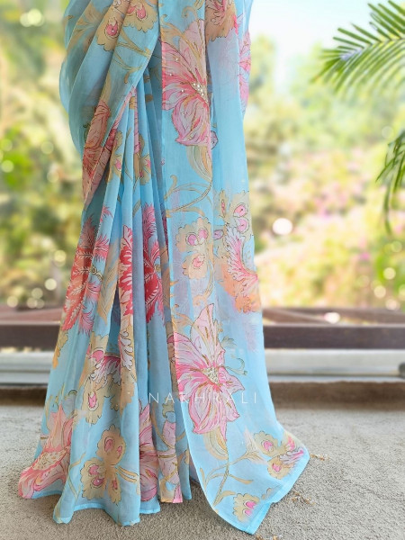 Dahlia Sky Blue Organza Saree with Sequin and Cut Dana Work