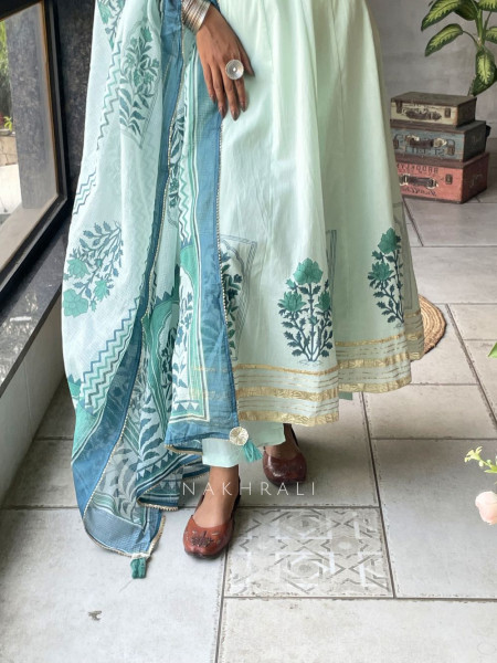 Mishka Green Cotton Anarkali Suit Set with Print Work