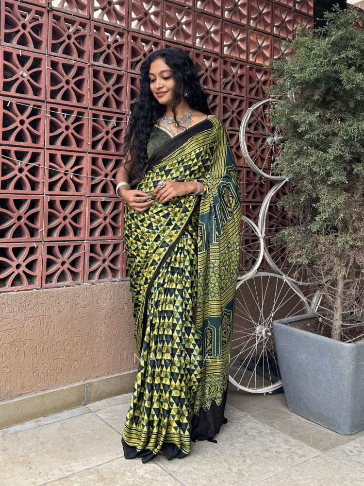 Image of RangRekha Green Modal Saree with Printed Design