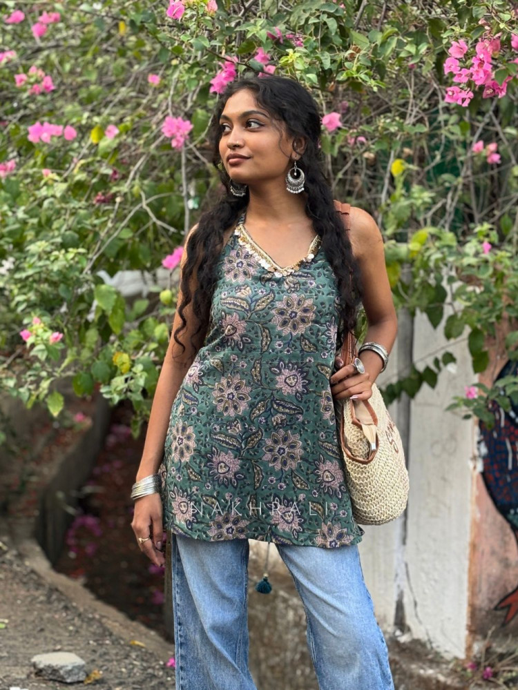 Image of Mirelle Rama greenFloral Printed Top with Sequin Neckline