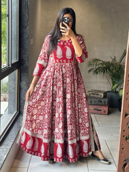 Noor Red Kalidar Block Printed Kurta