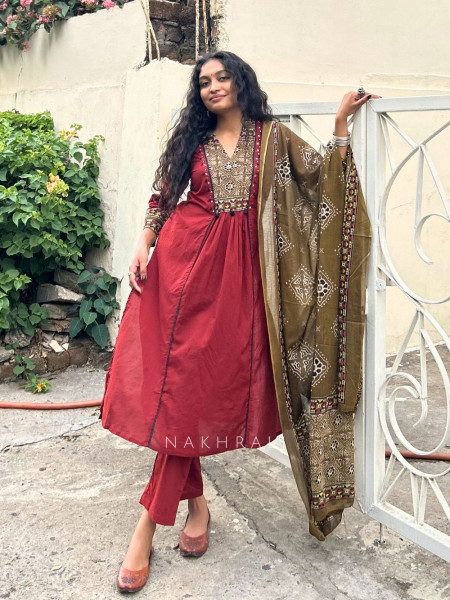 Vanika Maroon Suit Set with Printed Yoke and Dupatta