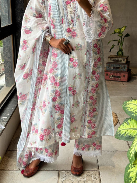 Ruhika White Suit Set with Floral Print and Lace Detailing