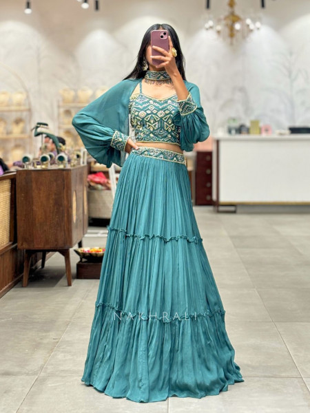 Emerald Green Indo-Western Lehenga Set with Mirror Work
