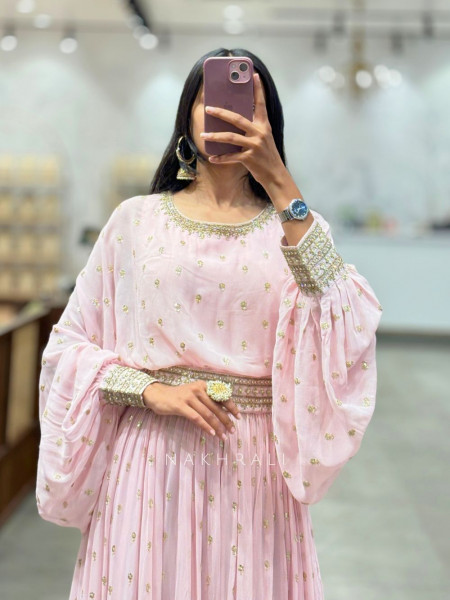 Blush Pink Embellished Jumpsuit with Flowy Sleeves