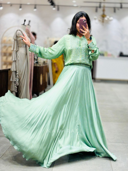Pista Glow Indo-Western Lehenga Set with Embroidered Top