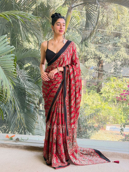 Rasika Red Modal Saree with Sequin Zari Pallu