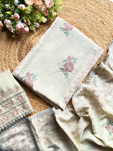 Kavya Beige Dress Material Set with Floral Embroidery