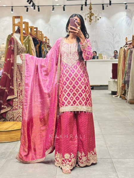 Gulabi Radiance Pink Palazzo Kurta Set with Zari Embroidery