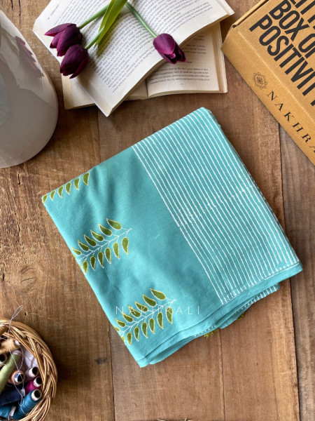 Kalamukti Blue Cotton Saree with Block Print