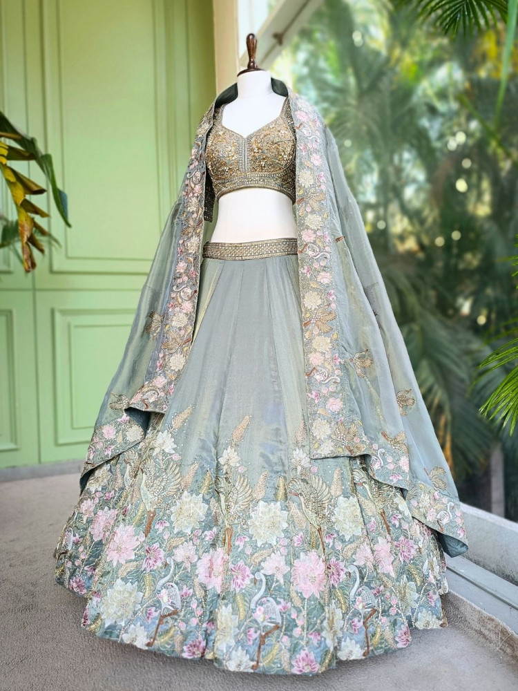 Image of Orvian Green Bridal Lehenga Set with Floral Embroidery