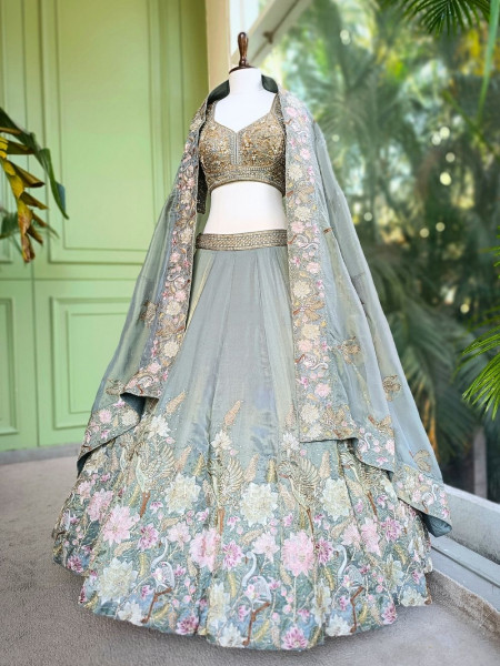 Orvian Green Bridal Lehenga Set with Floral Embroidery