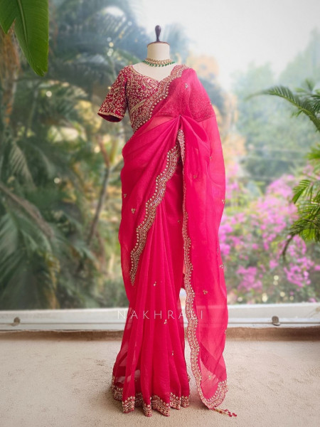 Roshira Red Zari and Sequin Embroidered Saree
