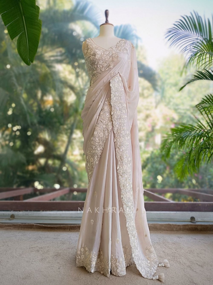 Tnt Rishka Rishka Beige Saree with Embroidery and Sequin Work