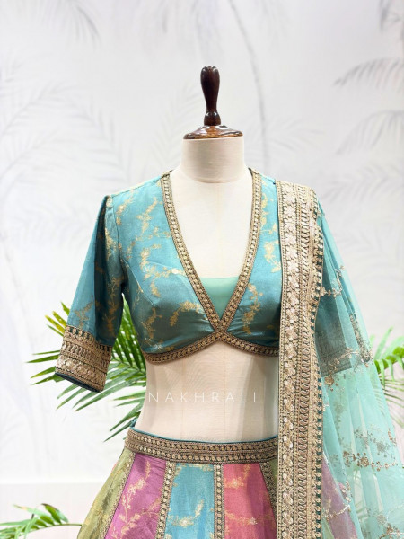 Rangraahi Multicolor Banarasi Brocade Kalidaar Lehenga Set with Embroidered Border
