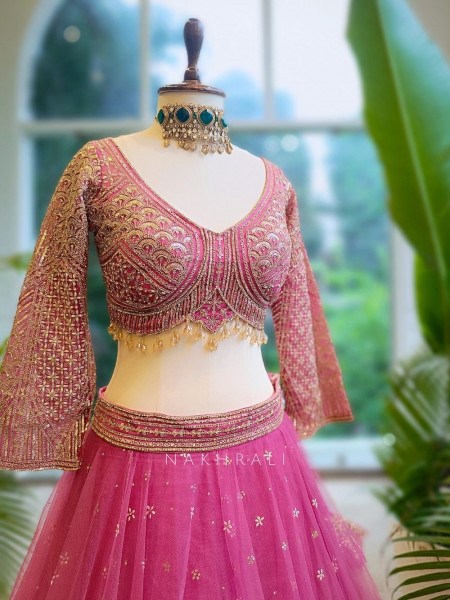 Lustre Enchant Pink Net Lehenga with Heavy Embroidered Blouse