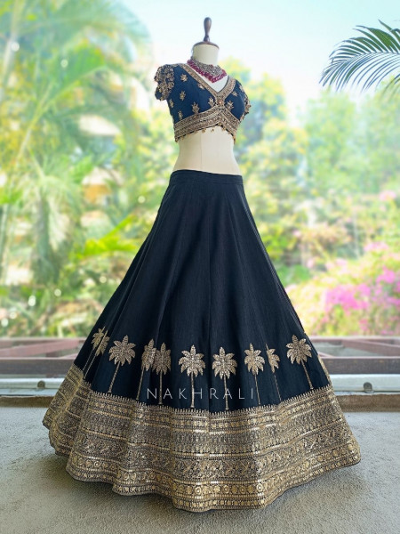 Surmayi Black Lehenga with Coconut Tree Motif Embroidery