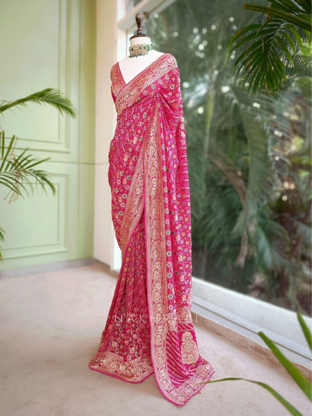 Zariyah Magenta Bandhani Saree with Zari Weave