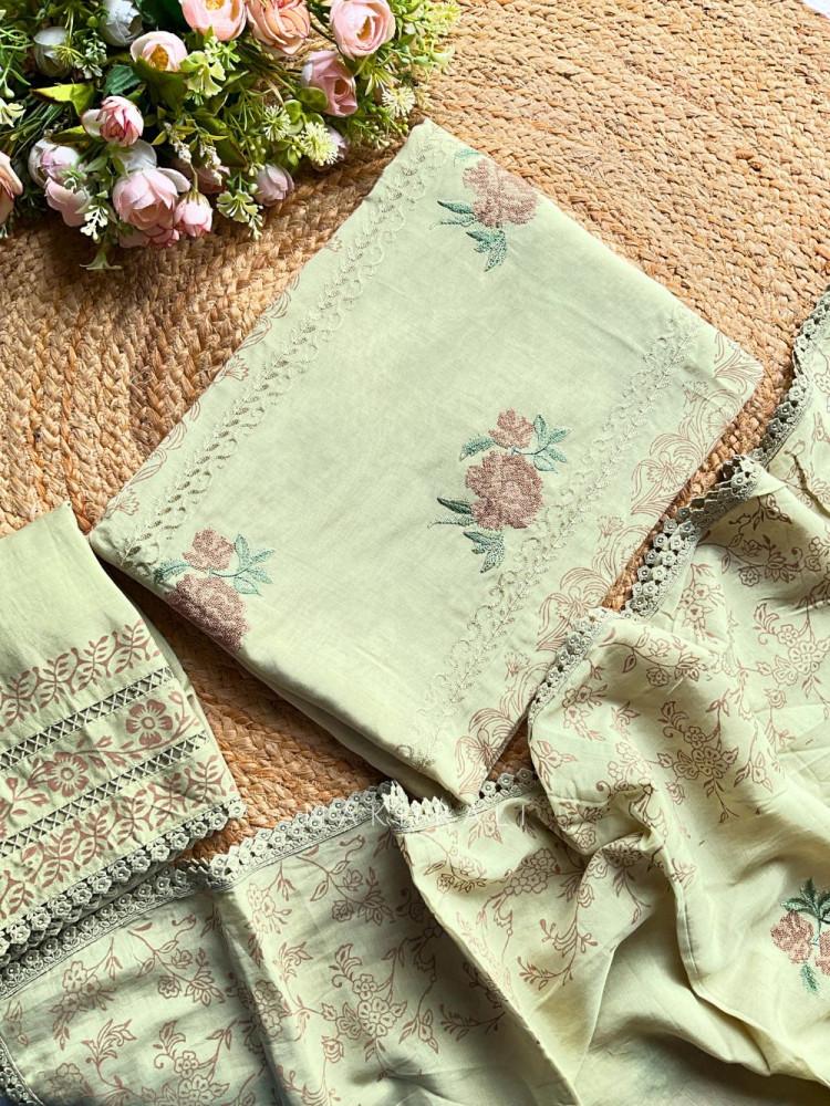 Image of Kavya Green Dress Material Set with Floral Embroidery
