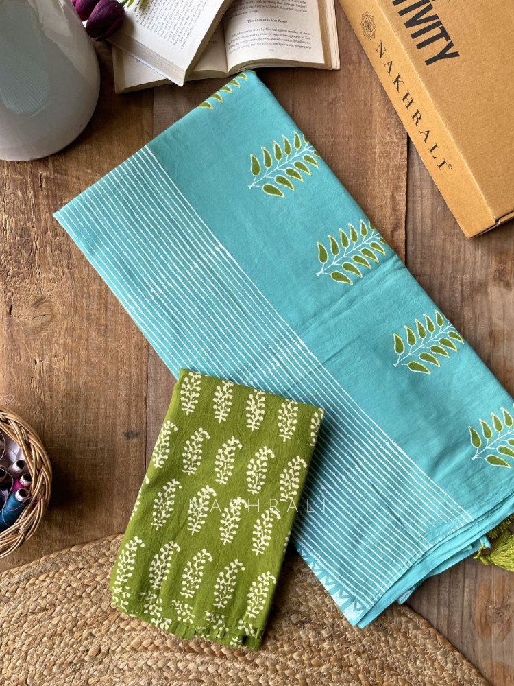 Image of Kalamukti Blue Cotton Saree with Block Print