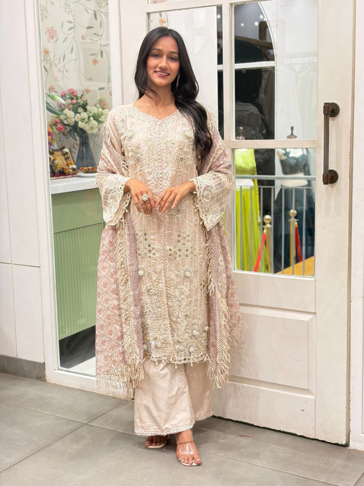 Image of Mehram Bead &amp; Embroidered Three Piece Suit Set