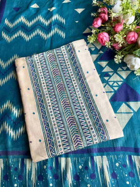 Lunara Beige Printed Dress Material with Panel Design