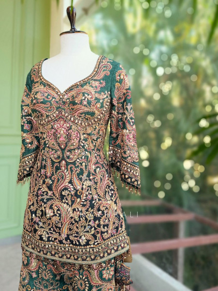 Kiyana Green Gharara Suit Set with Zari and Bead Embroidery