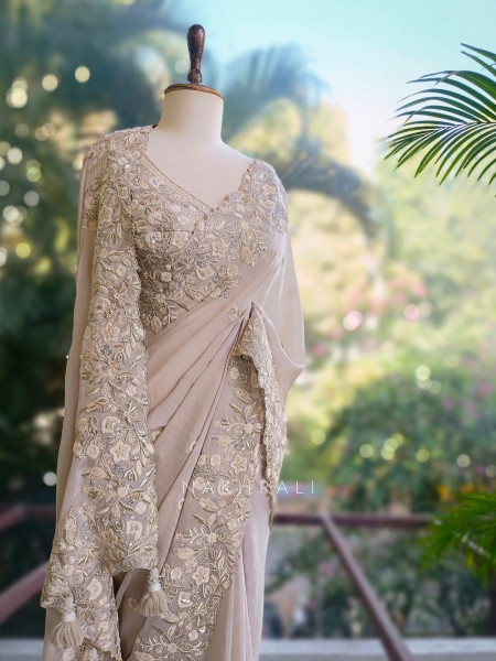 Rishka Beige Saree with Embroidery and Sequin Work