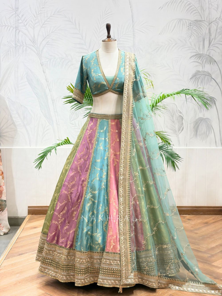 Image of Rangraahi Multicolor Banarasi Brocade Kalidaar Lehenga Set with Embroidered Border