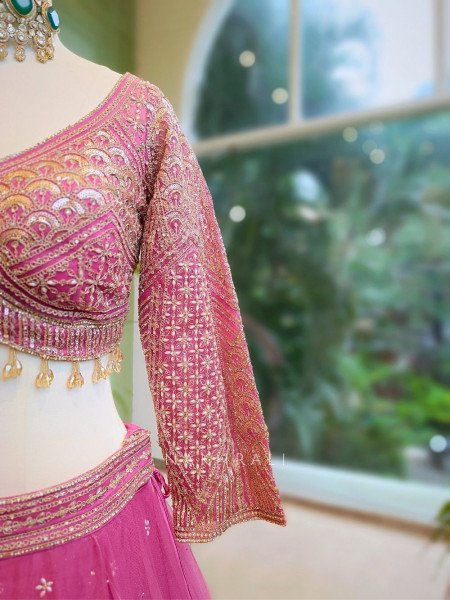 Lustre Enchant Pink Net Lehenga with Heavy Embroidered Blouse