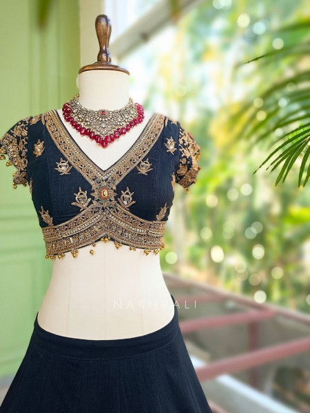 Surmayi Black Lehenga with Coconut Tree Motif Embroidery