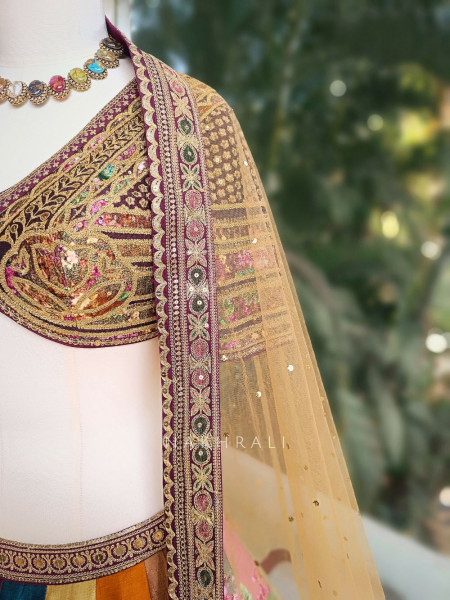 Elysian Mosaic Multicolor Floral Lehenga with Zari and Thread Work