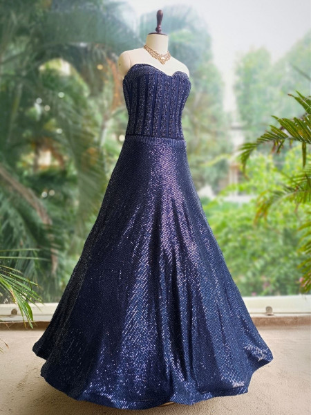 Midnight Aurora Blue Sequin Indo-Western Lehenga