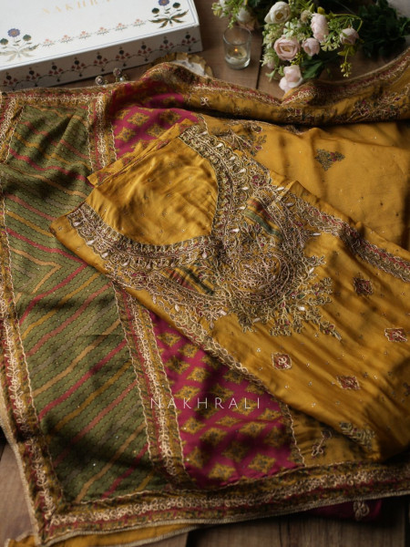 Nazrana Mustard Dress Material Set with Heavy Embroidery Work
