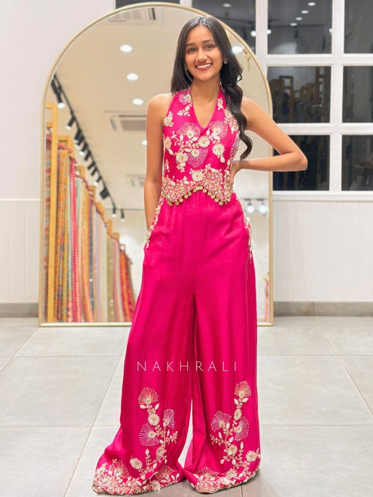 Image of Aurelle Magenta Embroidered Indo-Western Jumpsuit
