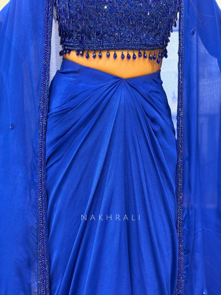 Rivora Blue Sequin Cut Dana Crop Top Drape Skirt Set with Cape