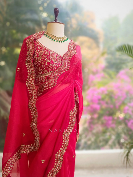 Roshira Red Zari and Sequin Embroidered Saree