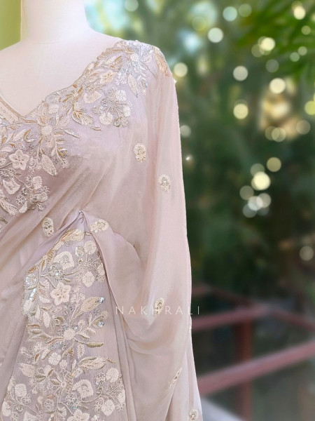 Rishka Beige Saree with Embroidery and Sequin Work