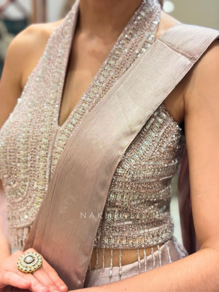 Shreena Pink Drape Saree with Sequin Beads Halter Blouse