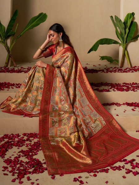 Aabha Red & Gold Dola Silk Saree with Intricate Print