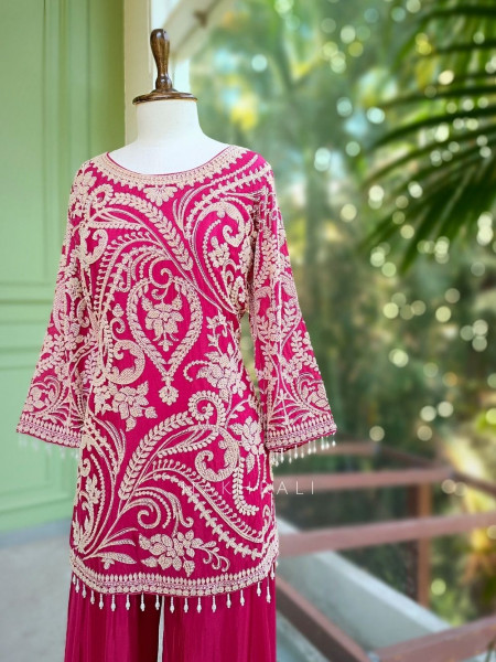 Miraya Magenta Bead Embroidered Kurta Sharara Suit Set