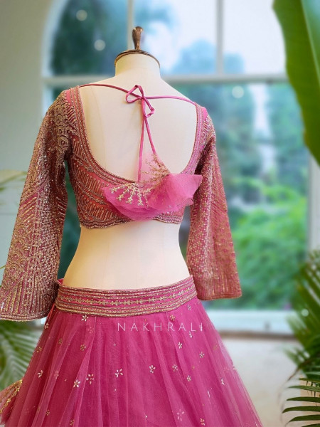 Lustre Enchant Pink Net Lehenga with Heavy Embroidered Blouse