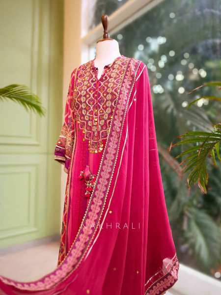 Aarohi Red Cotton Suit Set with Embroidery and Print