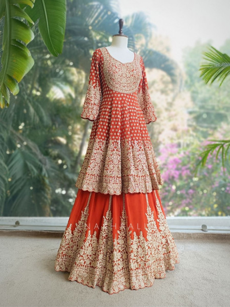 Ruhvika Royal Orange Embroidered Lehenga Set with Mirror and Stone Work