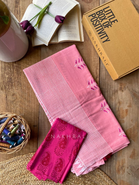 Dhara Pink  Cotton Saree with Block Print