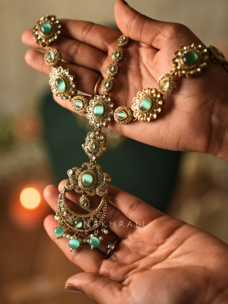Meheraan Sea Green Bridal Kundan Necklace Set