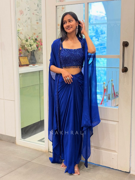 Rivora Blue Sequin Cut Dana Crop Top Drape Skirt Set with Cape