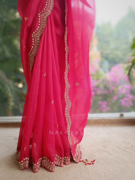 Roshira Red Zari and Sequin Embroidered Saree