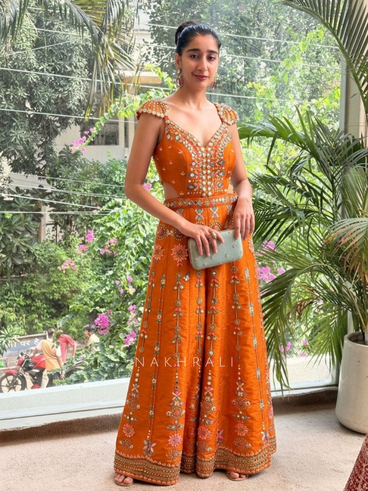 Image of Opal Essence Orange Jumpsuit with Cutdana and Beads Work