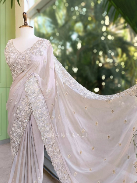 Rishka Beige Saree with Embroidery and Sequin Work